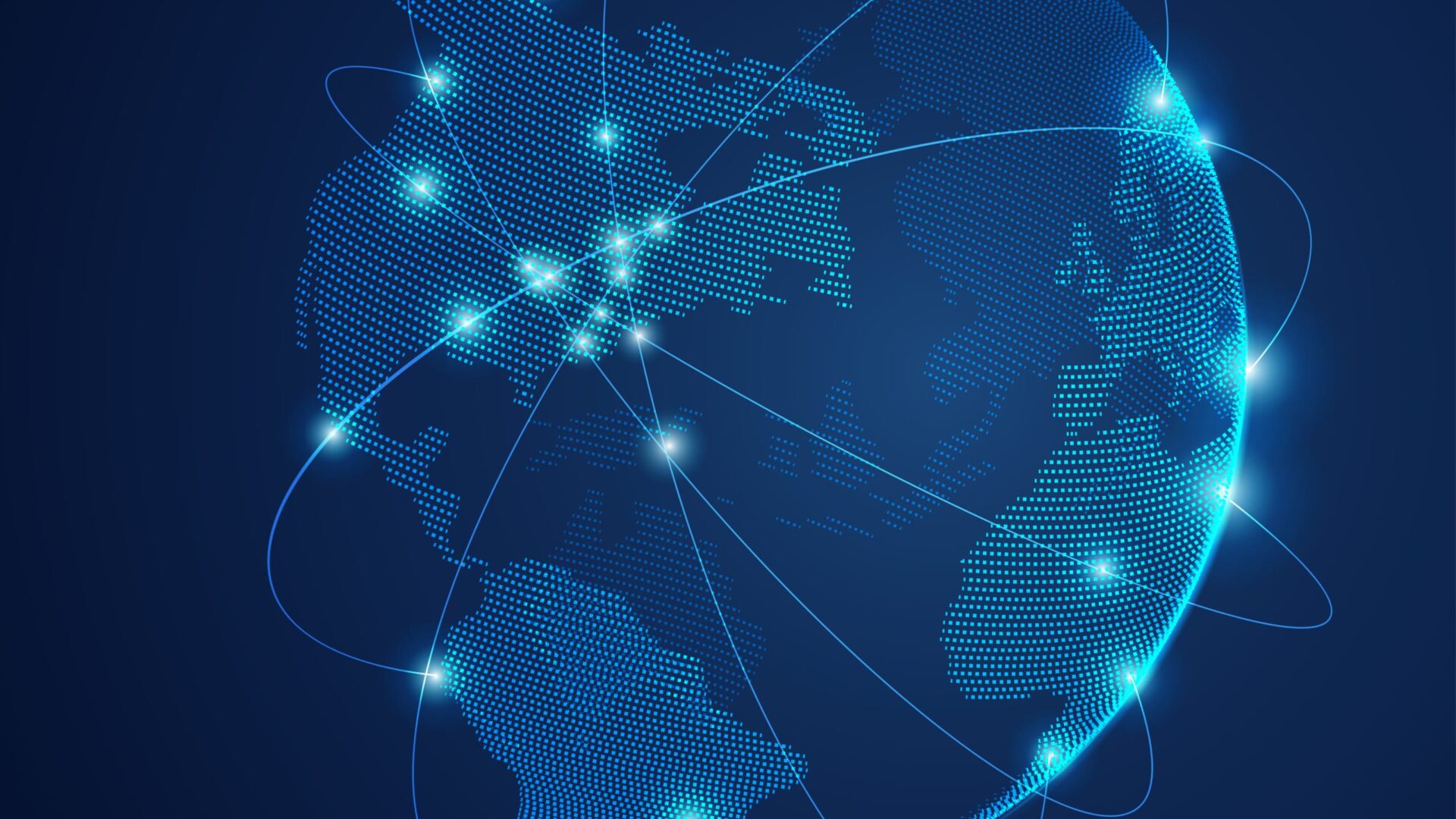 Digital world map with glowing connection lines on a dark blue background.